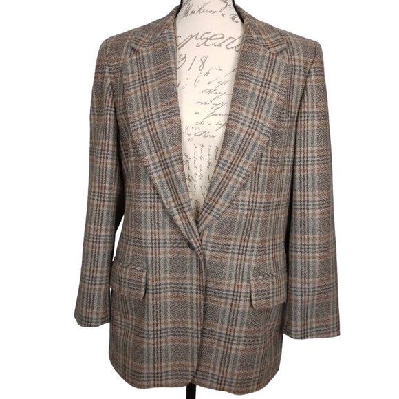 JH Collectibles | Vintage Plaid 100% Wool Blazer Lined Tan Blue | Size 10P - Picture 2 of 12